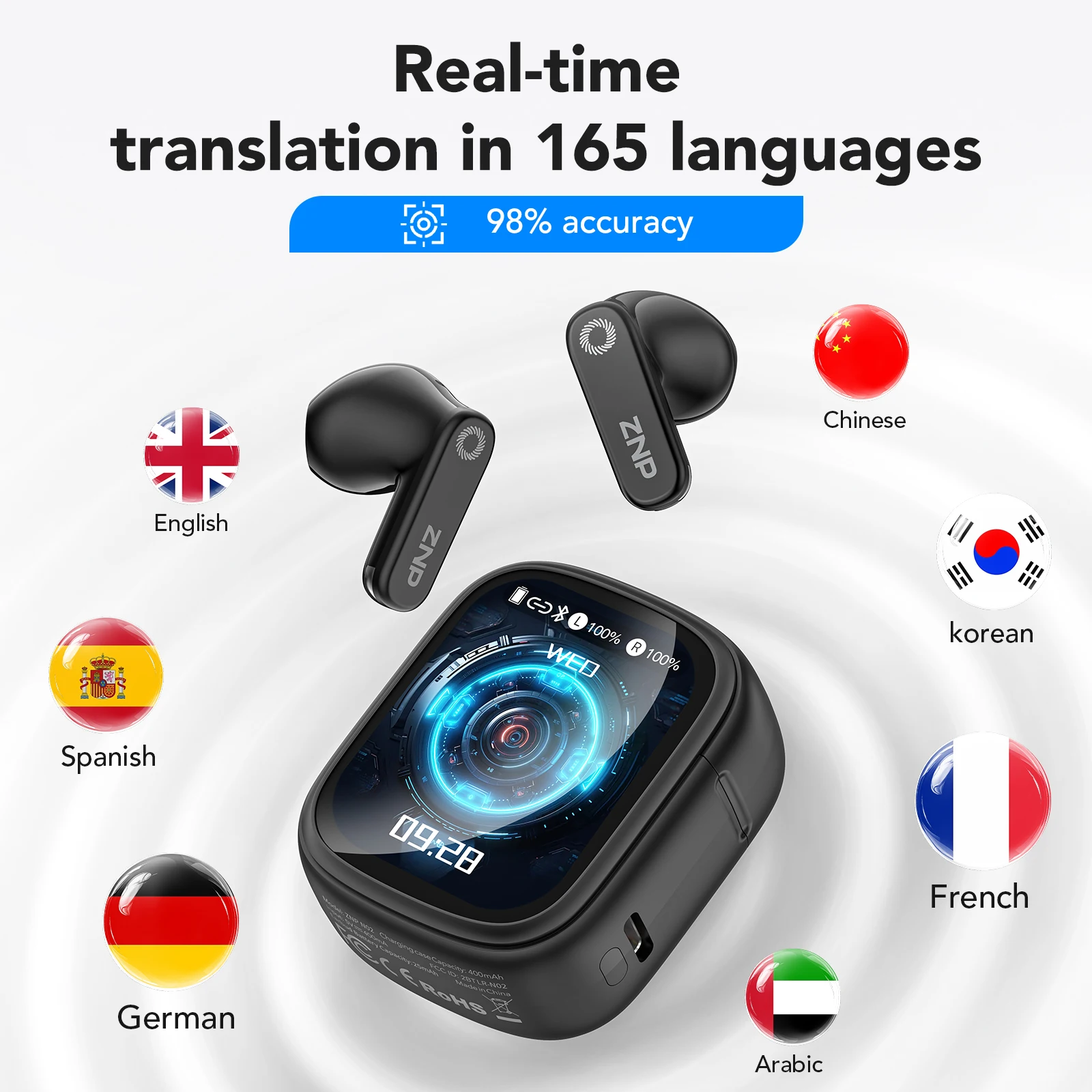 znp-ai音声アシスタント搭載、twsワイヤレスイヤホン、タッチスクリーン、リアルタイム翻訳機能、高音質、ゲーム用、bluetoothイヤホン、n02