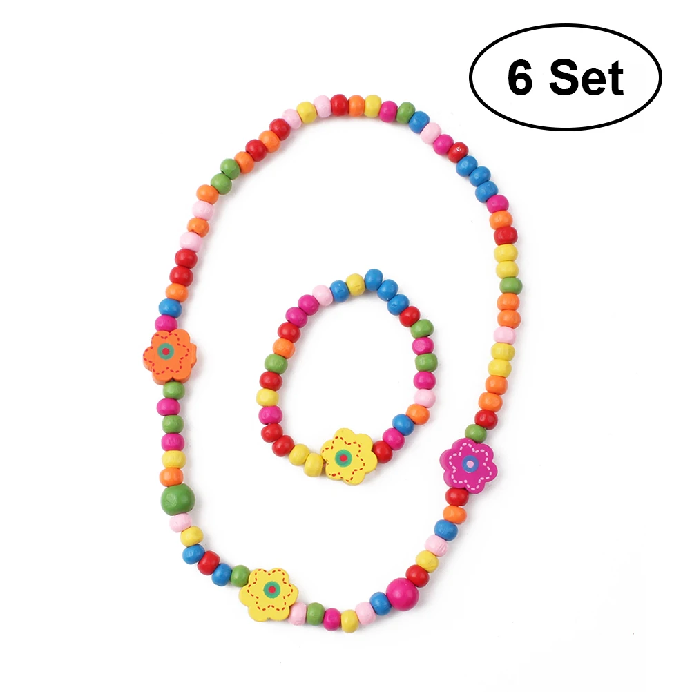 

6 Sets Jewelry Kit Necklace Bracelets Little Girls Favor Wooden Beads Child