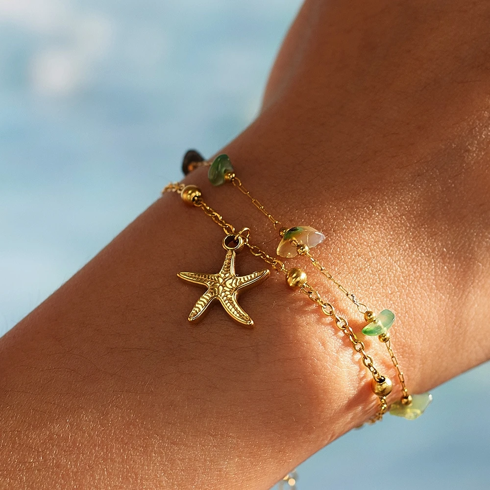 

Ailodo Minimalist Stainless Steel Starfish Bracelet For Women Colorful Natural Stone Summer Beach Bracelet Fashion Jewelry Gift