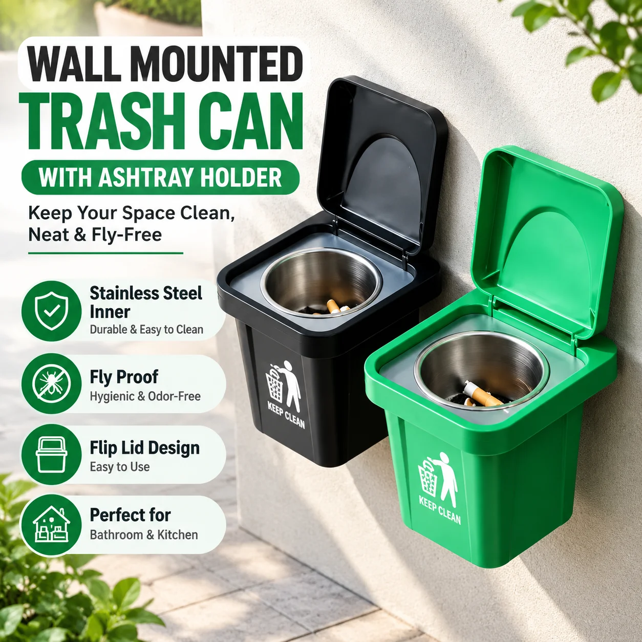 Wall Mounted Ashtray Storage Box with Stainless Steel Inner Liner, Sealed Lid and Anti Fly Design, Hanging Waste Container