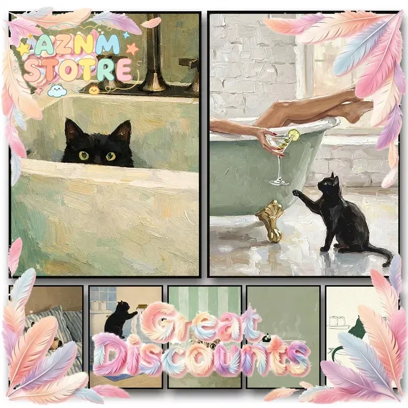 Retro Bathroom Black Cat Peeking Over Bathtub/Playing Rollpaper Poster Canvas Painting Wall Art Pictures Home Toilet Decor