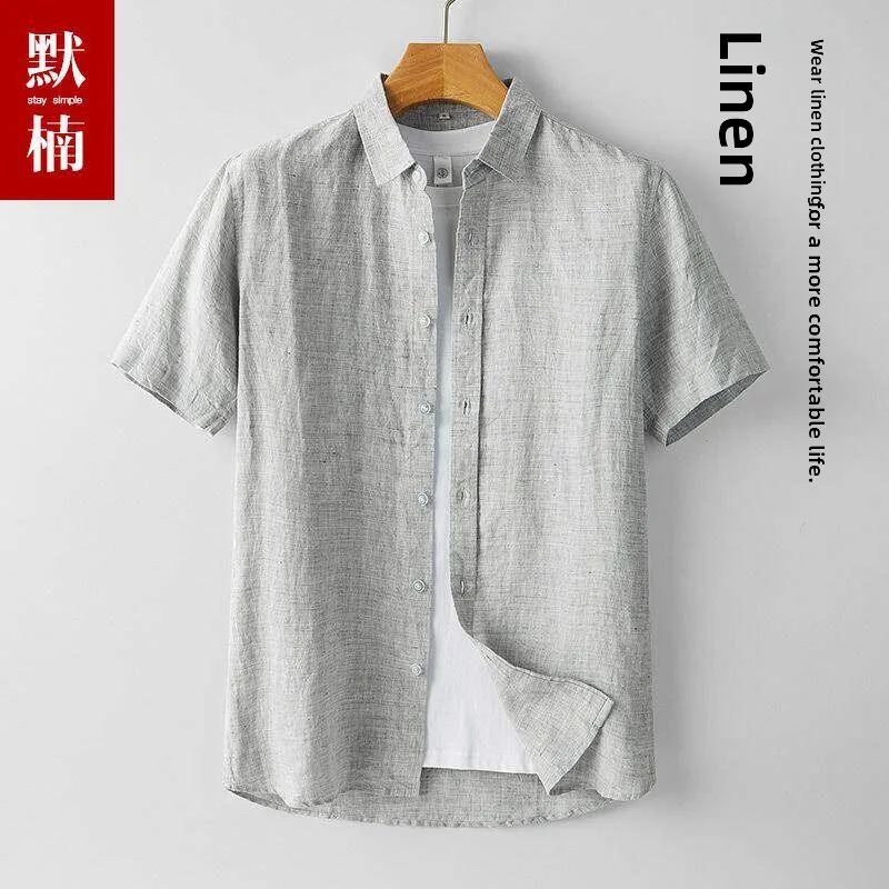 

Color Woven Pure Linen Shirt Summer Men's Loose Thin Short Sleeve Casual Outdoor Top Youth Citywalk Lightweight Linen U...
