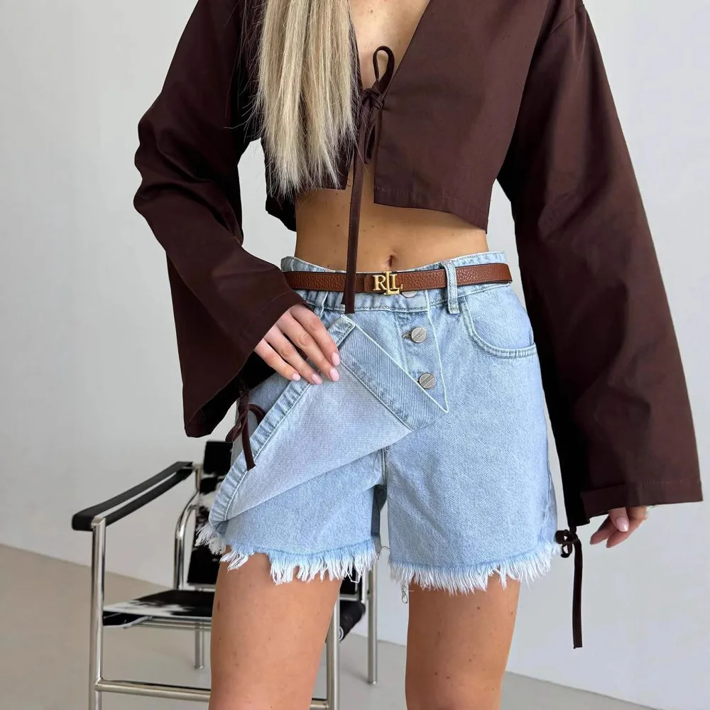 

Простые светло-голубые джинсы в американском стиле ретро, женские брюки с заусенцами, дизайн, сексуальные шорты Spice Girl, юбка для женщин