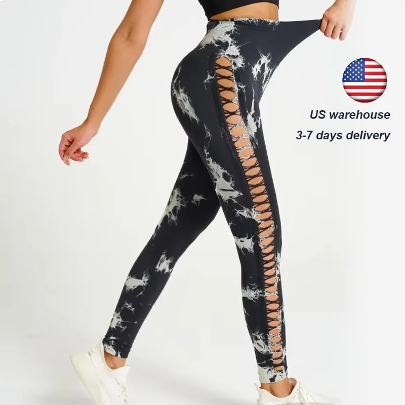 US Delivery Seamless Yoga Pants Women Sport Leggings Fitness Gym Tight Push Up Running Pants Hollow Out Tie Dye Thunder Printing