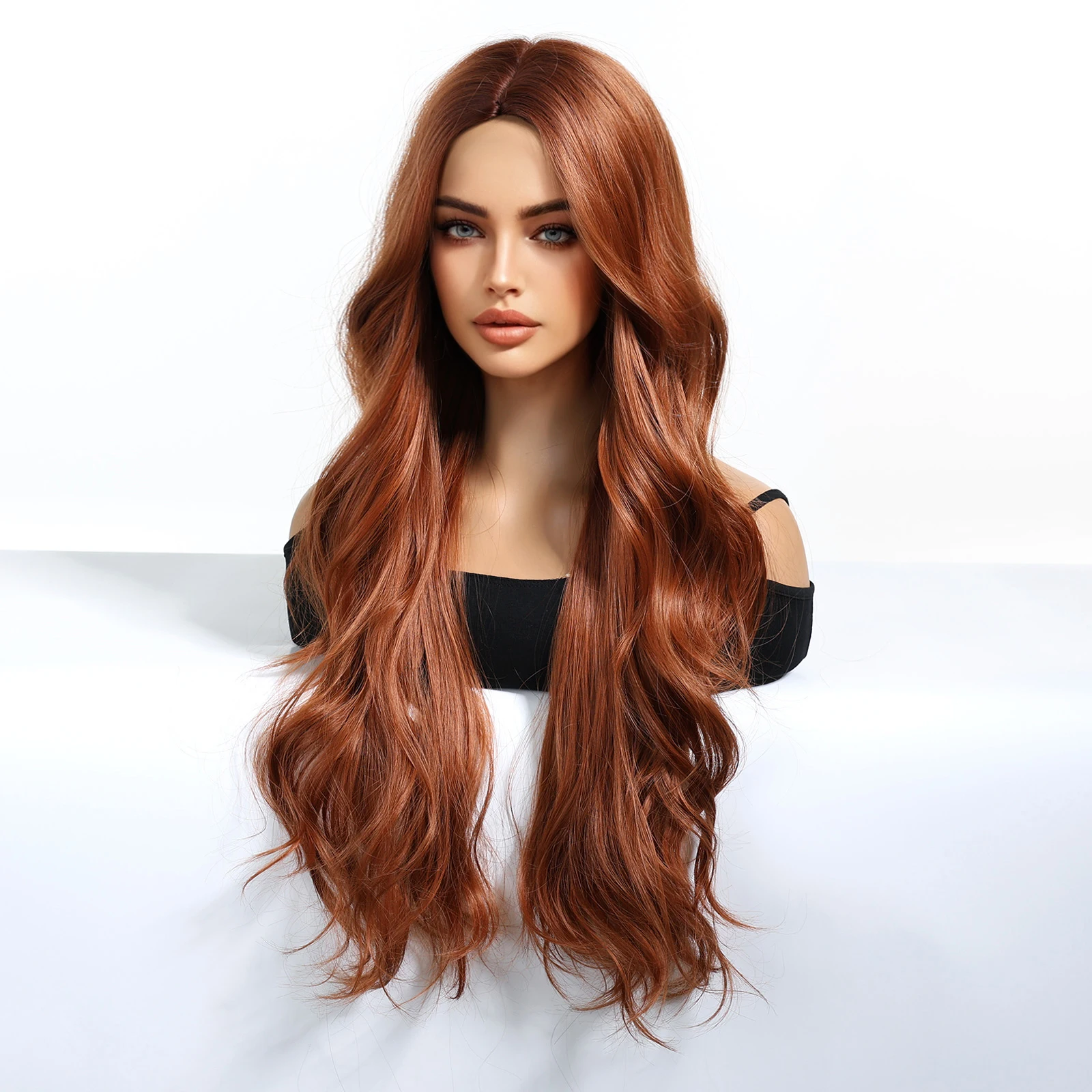 Long Wavy Medium Part Copper Red Brown Wig
