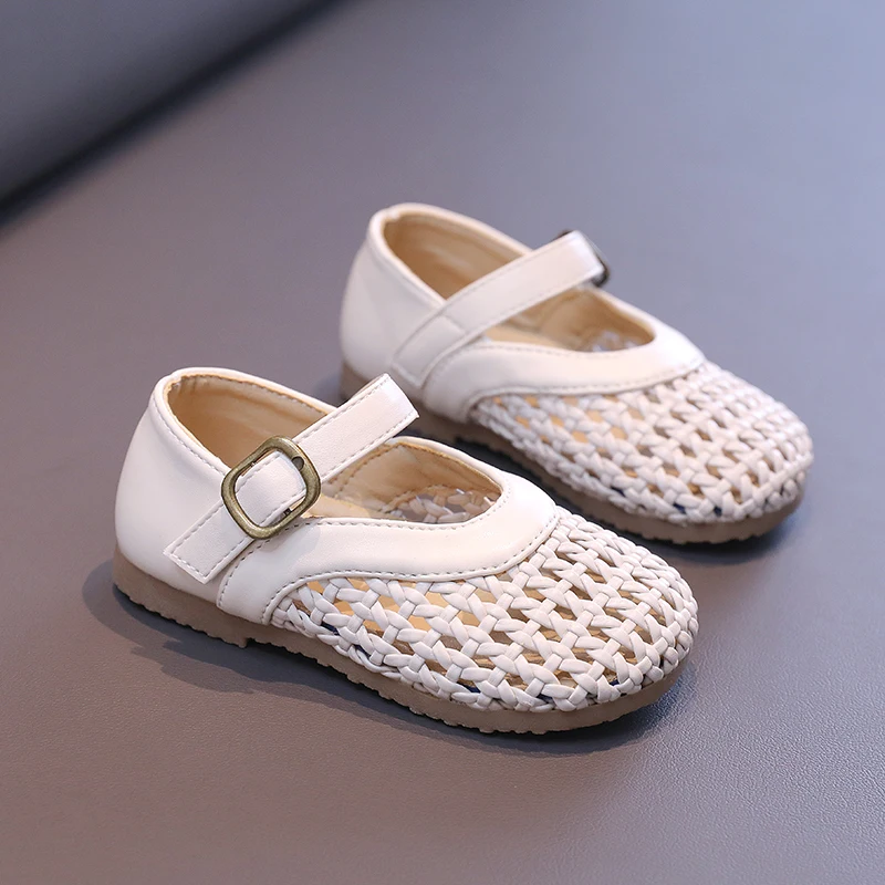 Meisjes Gevlochten Uitgeholde Ondiepe Bruine Beige Kinderschoenen Pu Lederen Ademende Cover Teen Retro Kids 25-37