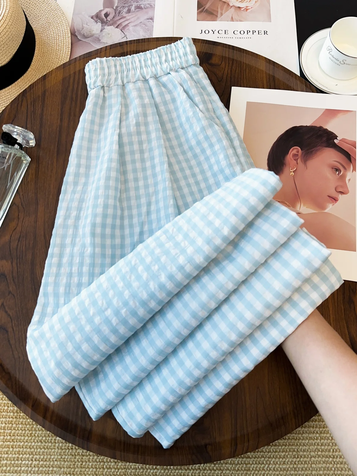 

Girls Bubble Cotton Mint Plaid Pants Summer Large Size Slimming Lazy Small Dopaamine Wide Leg Pants Casual Straight Leg Trousers