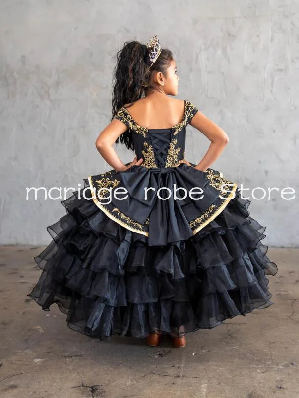 Girls Ruffled Charro Off Shoulder Mini Quinceanera Dresses Royal Blue Puffy Applique Lace-up Little Princess Flower Girl dress