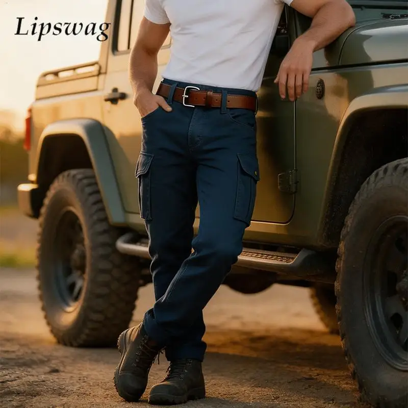 Work Wear Mens Casual Pants Autumn Vintage Solid Color Multi Pocket Cargo Pants Men Daily Leisure Loose Straight Trousers