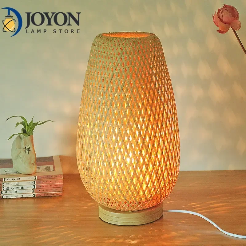 Vintage Bamboo Table Lamps Handmade Wooden Desk Lamp for Living Room Bedroom Decoration Creative Bedside Lamp