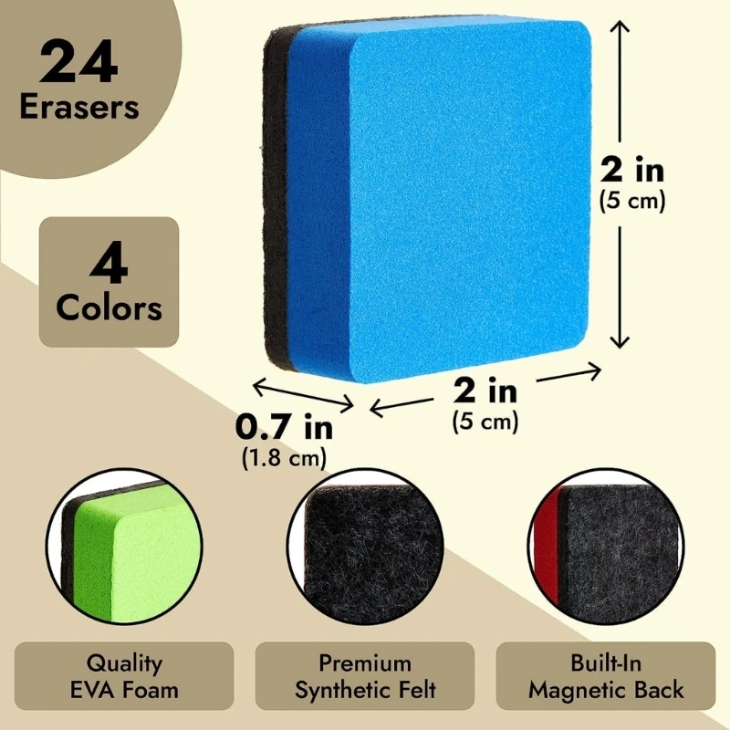 24pcs Whiteboard Erasers Assorted Colors (Blue, Red, Green, Yellow) Perfect for Various Tiles Glass Effectively Clean Y3NC