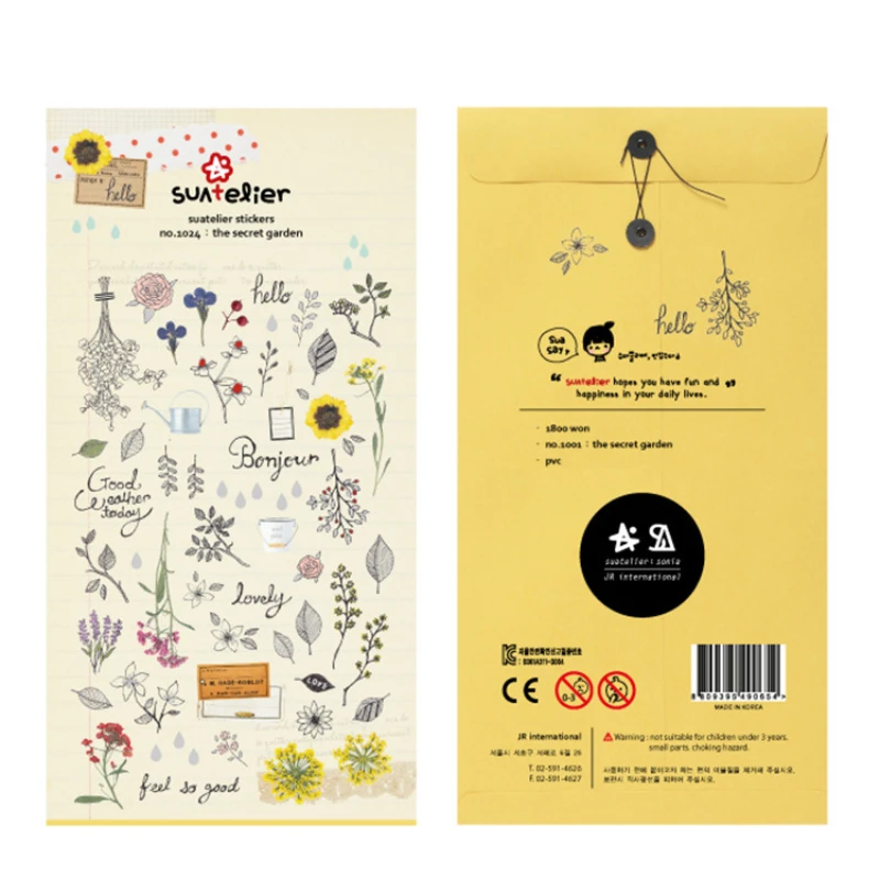 Koreańskie naklejki dekoracyjne z PVC marki Suatelier Secret Garden do scrapbookingu, DIY, pamiętników i albumów.