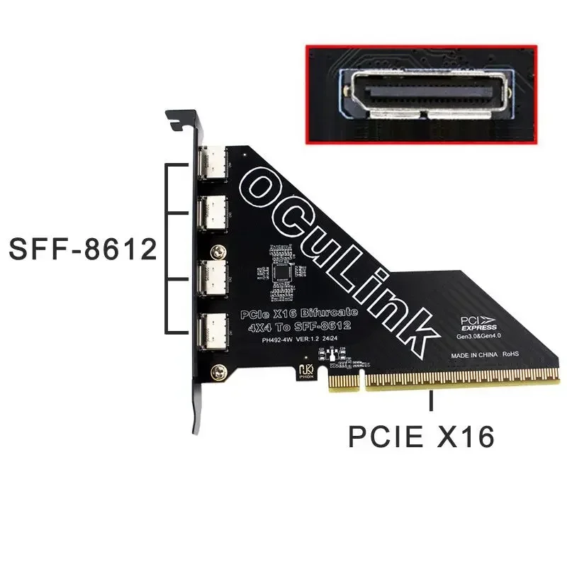 PCIE 4.0 X16 To Oculink  SSD To U.2 External Graphics Card PCIe X1 X4 X8 To SFF8611 / 8612 Adapter Card Split 4 Port Expansion