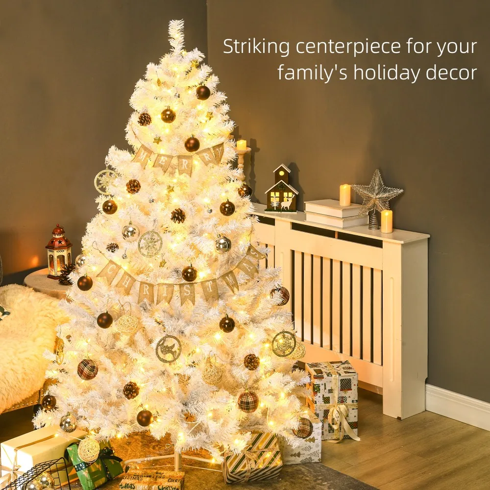 6Ft PVC Artificial Christmas Tree,with 638 Branches,220 Warm White LED Lights,Auto Open,White，Decor Holiday Essential for Party