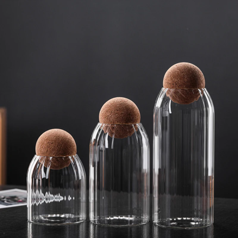 500/800/110ml Transparent Kitchen Storage Bottle Bean Sugar Tea Coffee Cork Stopper Glass Jar Can Cup