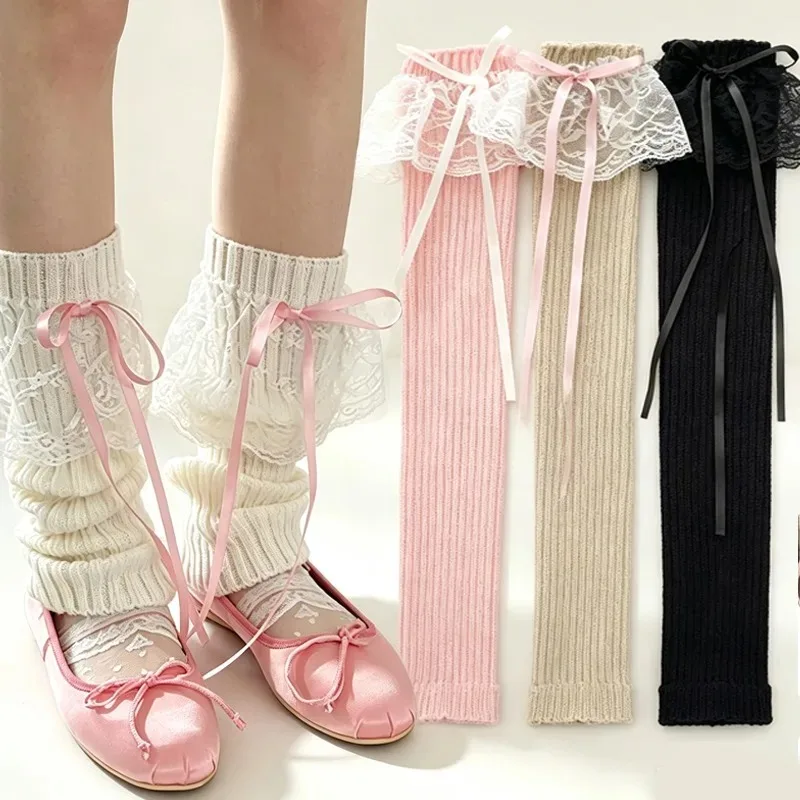 Warm Lace Bow Leg Warmers Y2K Japanese Lolita Girls Women Calf Knitted Streamer Covers JK Princess Slouch Stockings Cute Style