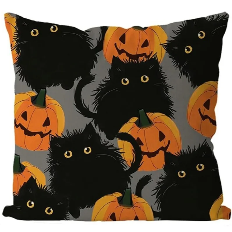 New Halloween Pillow Cover Colorblocking Pumpkin Head Cushion Cover Spooky Kitten Pillow Cover Cute Cartoon Style