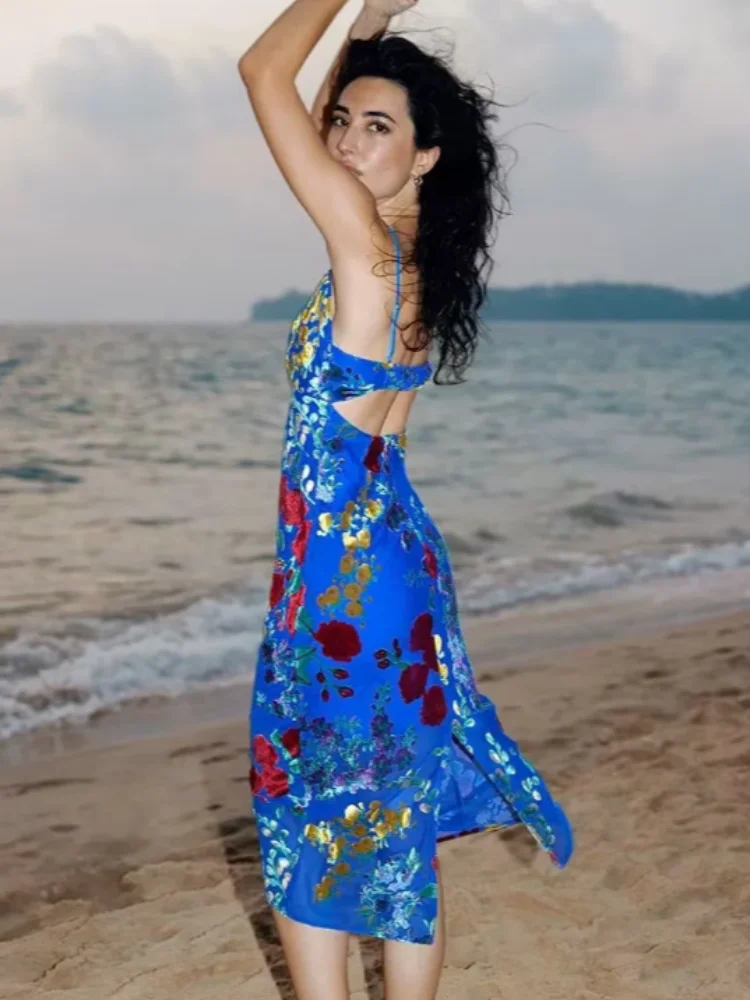 

Floral Print Flowy Dress Backless Cutout Spaghetti Straps Lace Up Ruched Waist Midi Dresses Summer Vacation Eyes-catching Robes