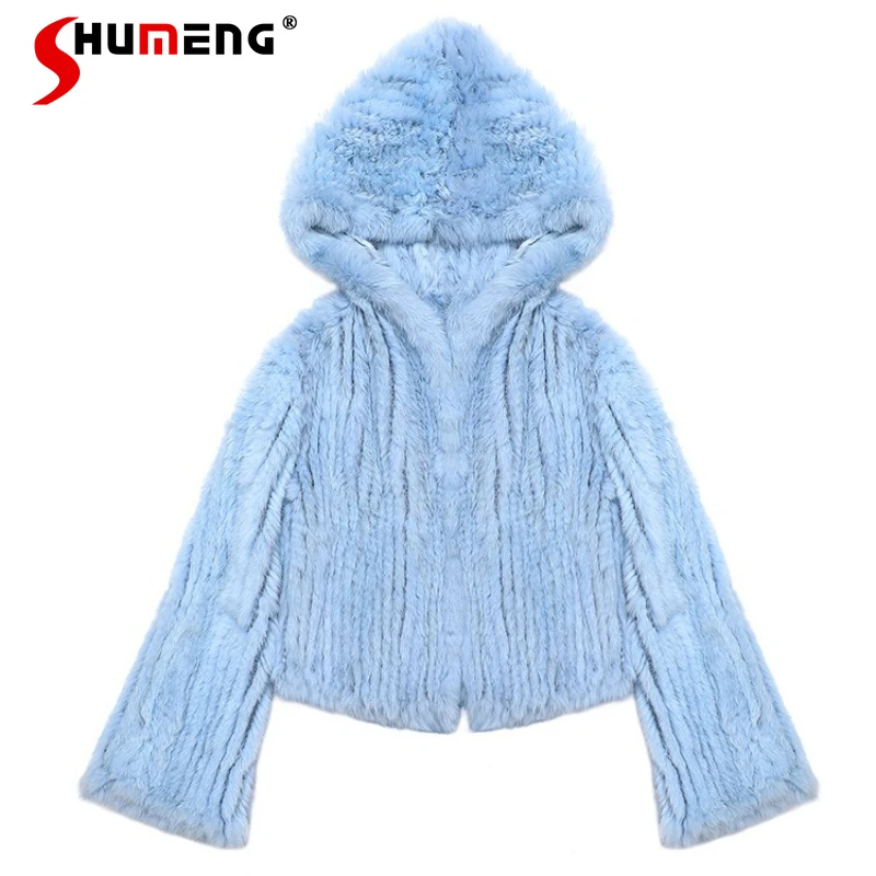 

Fashion Real Rabbit Fur Coats Women 2025 Autumn Winter Double-Sided Hooded Fur Coats Solid Color Long Sleeve Warm Trendy Coats