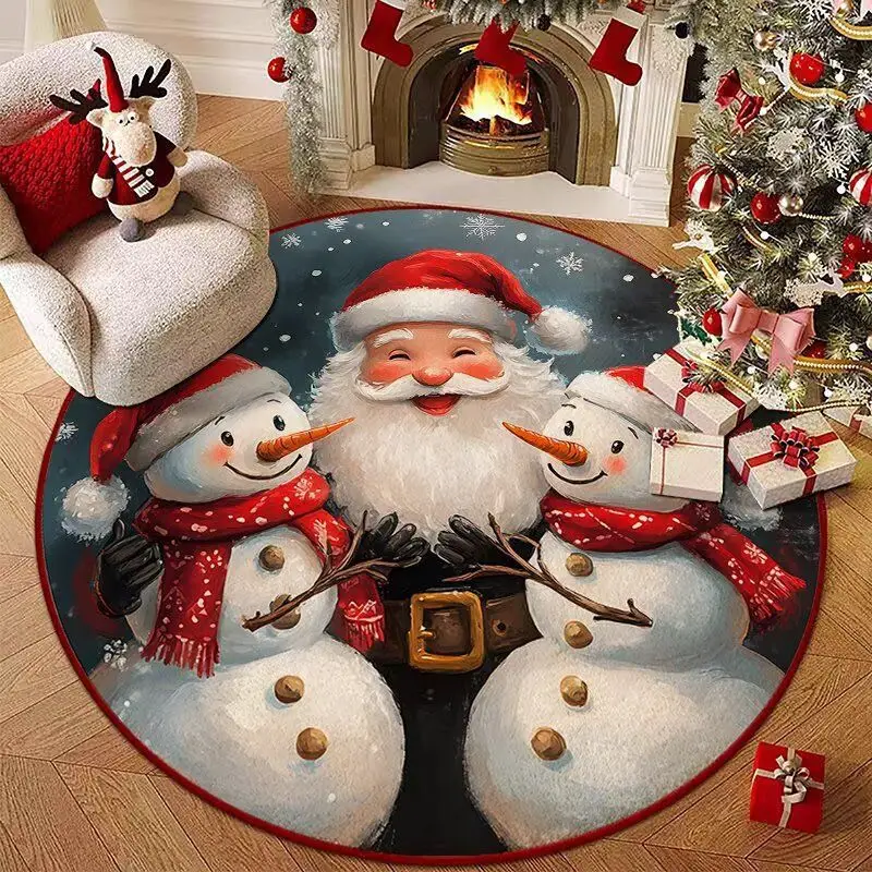VIKAMA Round Christmas Carpet Santa Claus Scarf Cute Snowman Snowflake Floor Mat Living Room Holiday Home Christmas Decoration