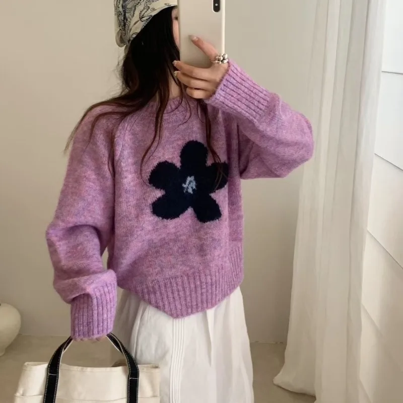 

Camel Wool Flower Jacquard Crew Neck Sweater Women's Autumn and Winter New Short Pullover Wool Knitted Sweater