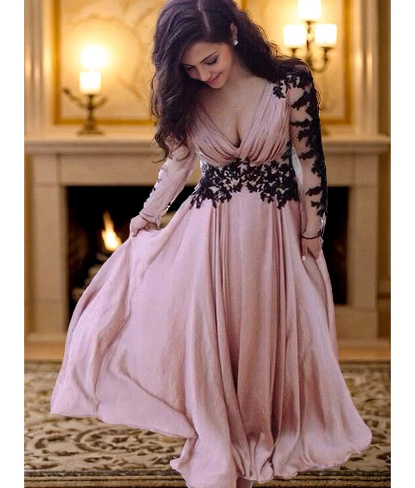 

Customized Graceful Satin A-Line Appliques Evening Dress Delicate V-Neck Long Sleeves Floor Length Bespoke Occasion Gowns
