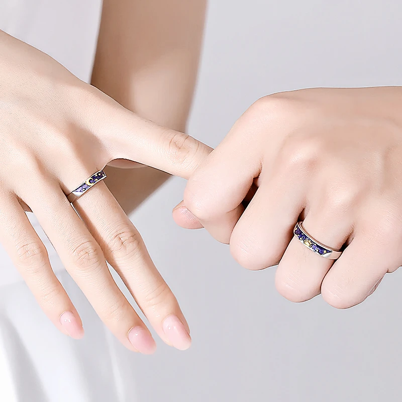 Sole Memory Van Gogh Sky Sun Moon Romantic Valentine's Day Gift 925 Sterling Silver Resizable Opening Ring For Women RI1335
