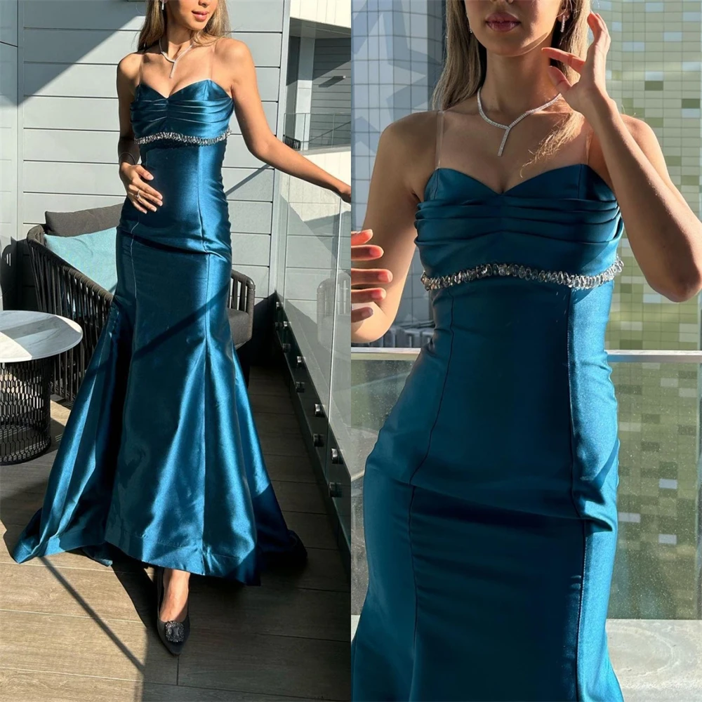 

Fashion Spaghetti Sheath Party Sequin Draped Satin Occasion Evening Gown evening dresses woman elegant שמלות נשף