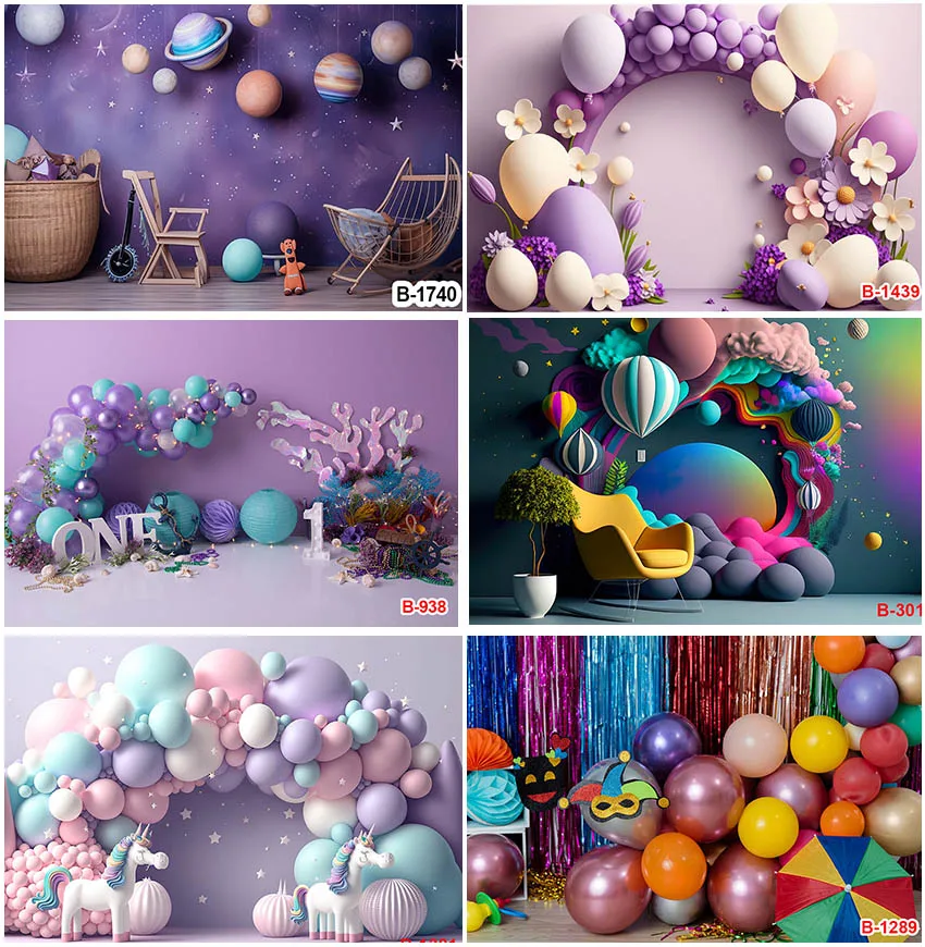 

Purple Balloons Cake Smash Birthday Party Backgrounds Decoration Customized Studio Supplies Flowers Universe Plants Backdrops