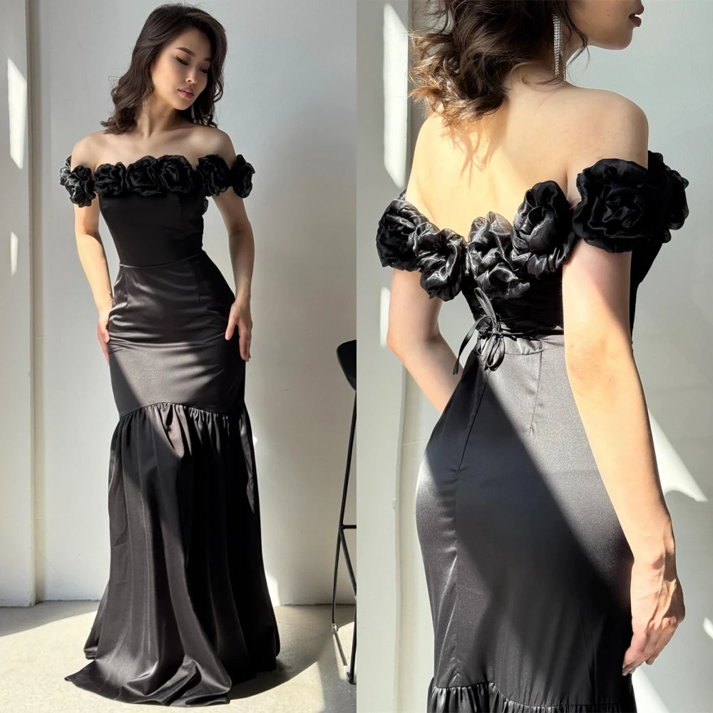 

Customized Classic Black Satin Evening Dress Delicate Boat Neck Off the Shoulder Prom Dress Elegant Mermaid Flowers Party Dress