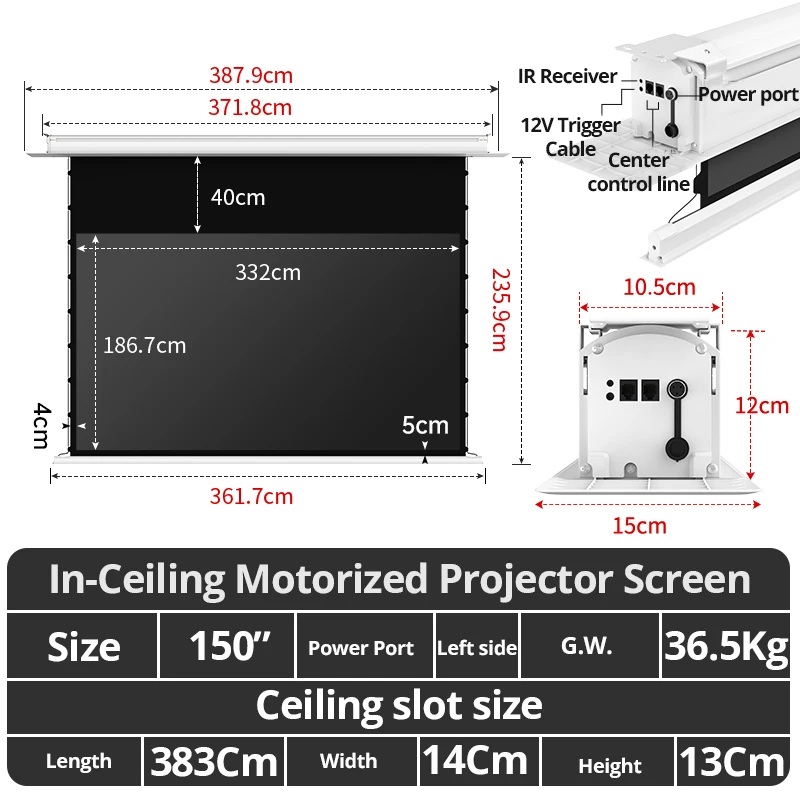 150 Inch Motorized Upgraded Ceiling Recessed Projector Screen AI Smart In-Ceiling Electric Tab-Tensioned Projector Screen