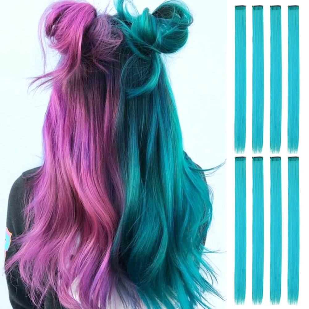 Colored Hair Extensions Synthetic Rainbow Hairpieces 22 inch Multi-colors Party Highlights Clip in Hair Extensions 8 Pcs/Pack