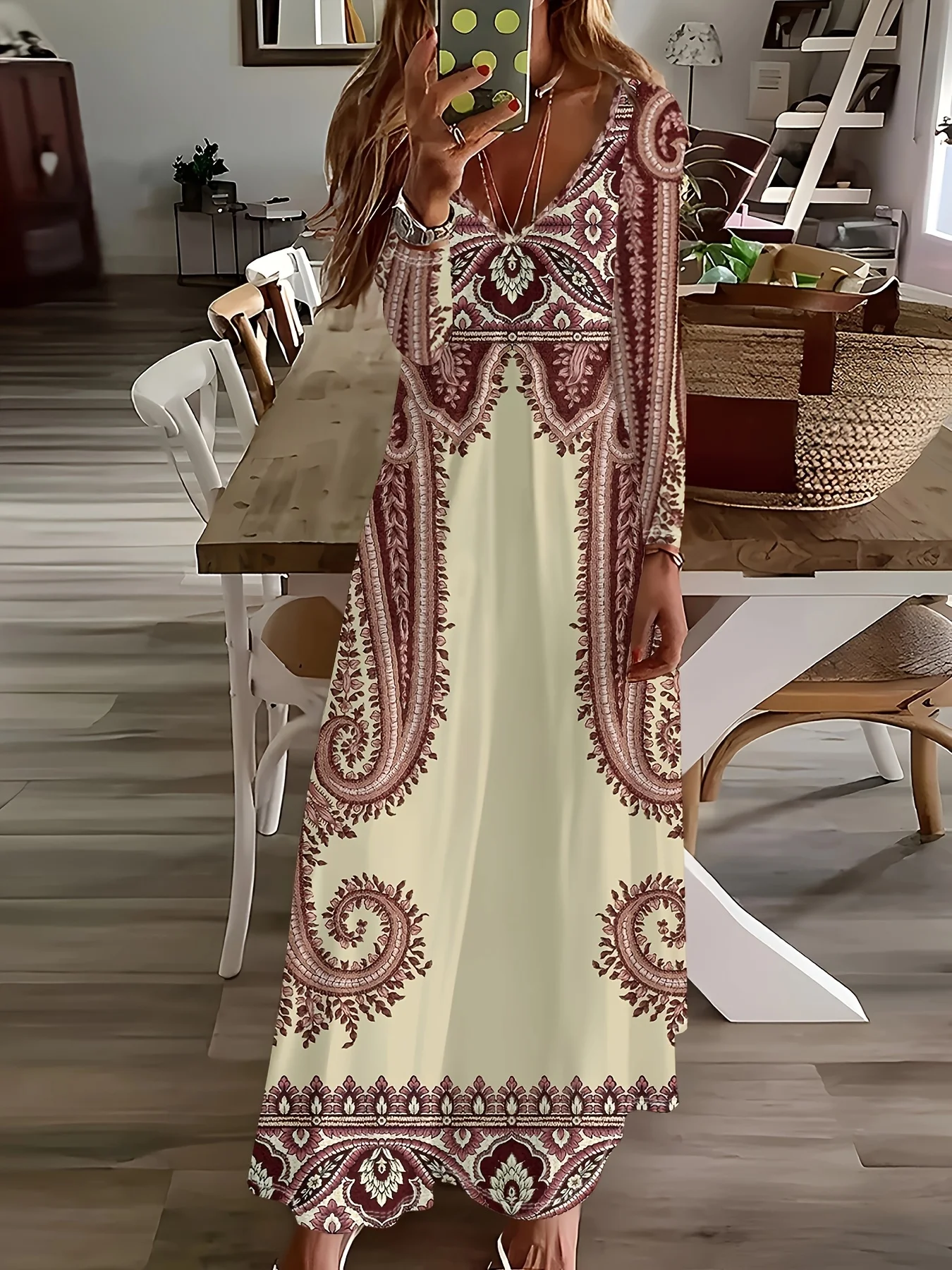 Printed Design Women V Neck Long Sleeve Midi Dress