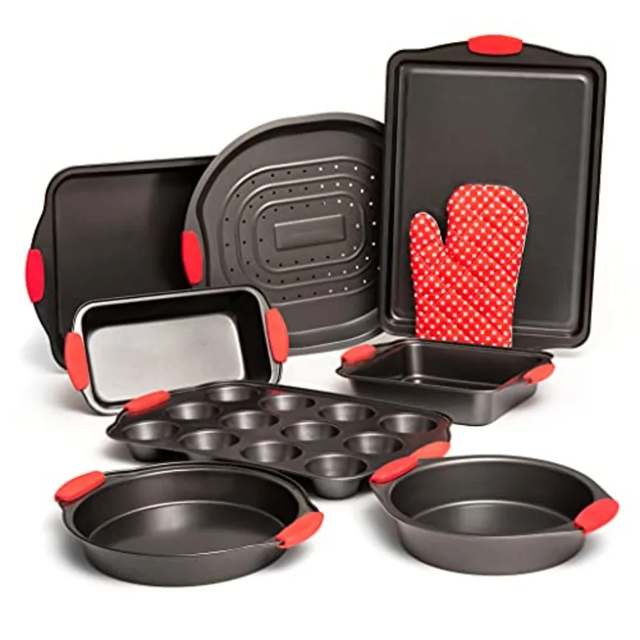 

9 Pcs Baking Pans Set Non Stick, Oven Safe Baking Sheet Set Carbon Steel Non-Stick PTFE Coating, Bakeware Set With Heat Red Sil