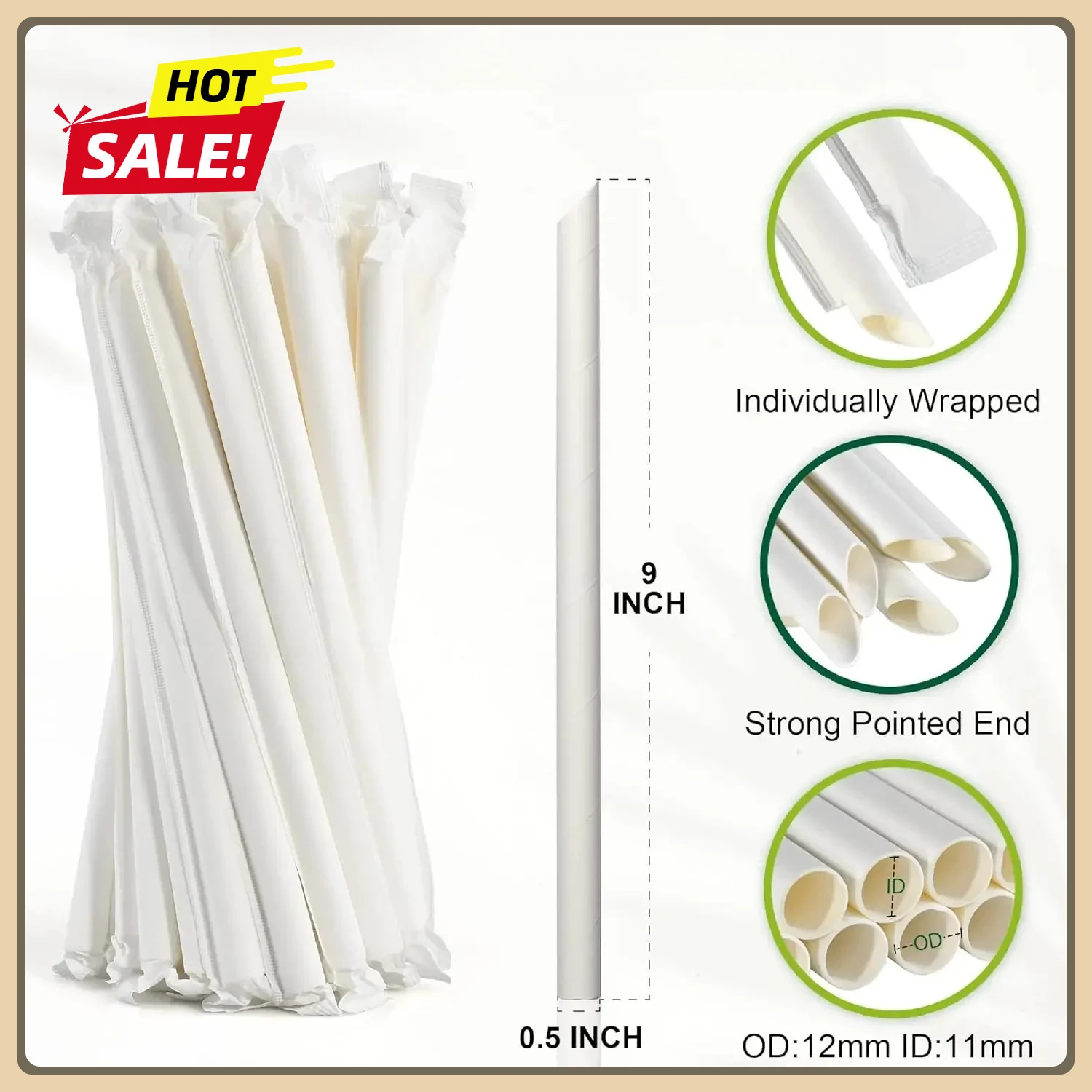 

9 Inch Disposable Bubble Tea Straws Bulk, Wrapped - 12mm Extra Wide Pointed End White Paper Boba Straws Case of 1,200