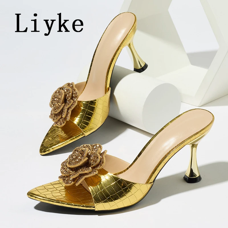 

Liyke 2026 New Gold Crystal Rhinestone Flower Designer Slides Women Slippers Fashion Kittens Heels Mules Femme Shoes Sandals