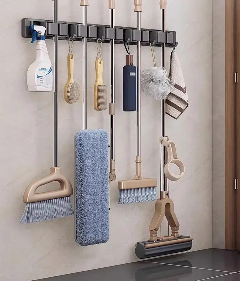 Organizer für Mopp und Besen, Mopphalter, Rack, Mopphalter, Wandmontage, starker Besen, Mopphalter, selbst, mit 5-Haken, Organizer zum Aufhängen von Besen – Detail 8