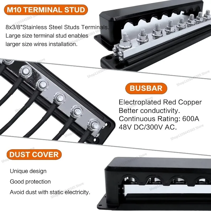 600 A 48V DC Bus 12 V Distribution Block (M10) Marine Car RV 8 Stud and Negative Battery Junction Block