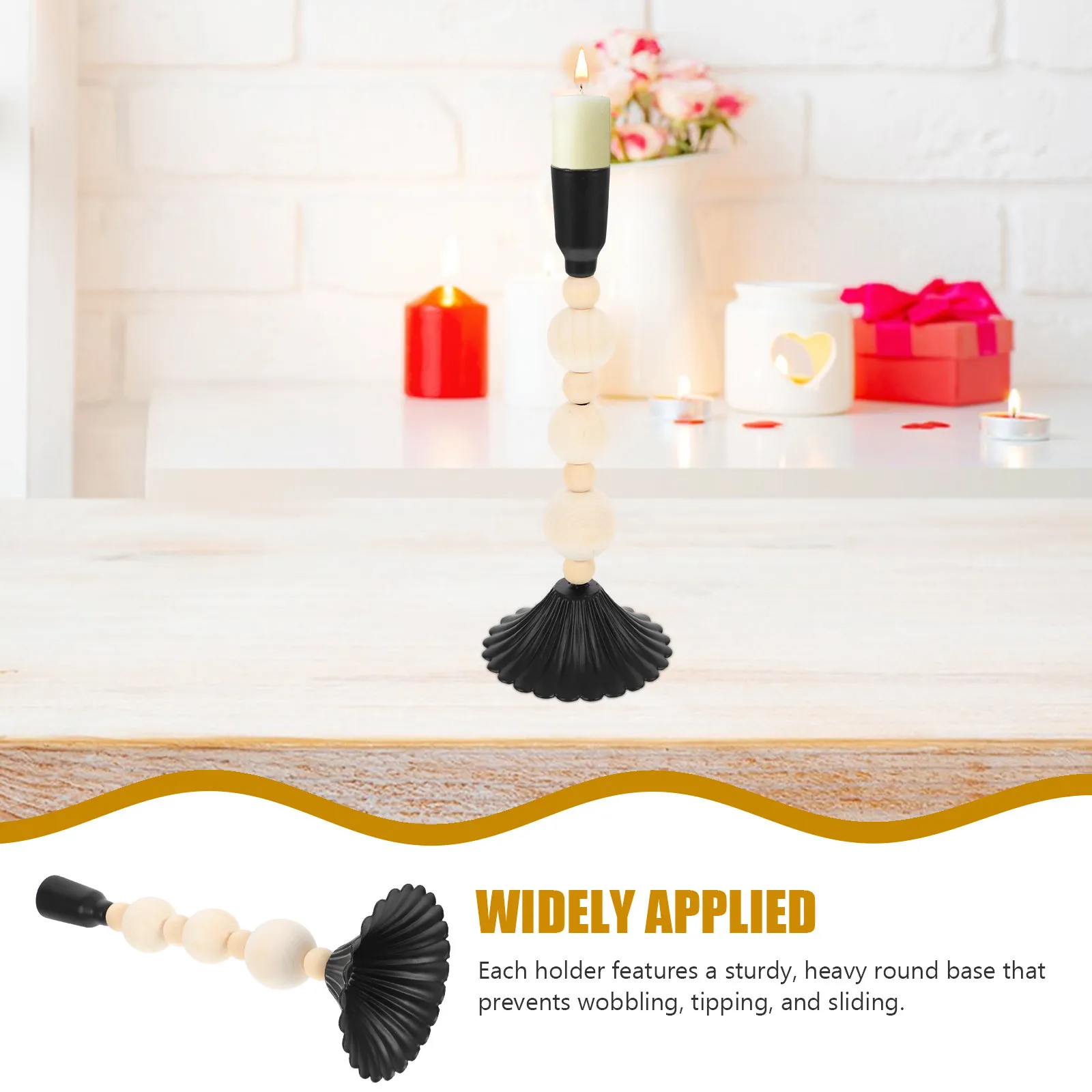 Single Head Wood Bead Iron Candlestick Holder Vintage Black Farmhouse Stand Decorative Pillar Holder for Living