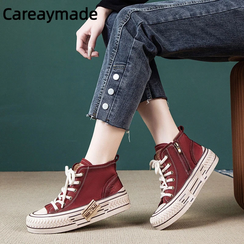 

Careaymade-Genuine Leather Lace Up Short Boots Women Mixed Colors Side Zip Outdoor Sneakers Flat Platform Ankle Boots For Ladies