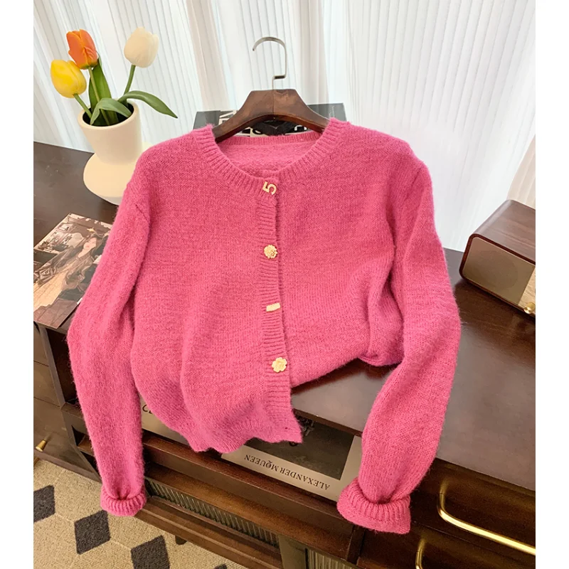 

Women Rose Clothing Vintage Knitting Sweater Round Neck Long Sleeve Casual Overcoat Fashion Solid Female 2024 Winter NEW Tops