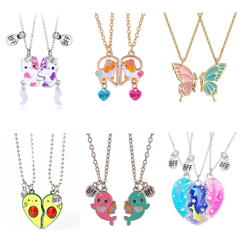 2Pcs/Set Cute Cat Pendant Necklace For Friend With BFF Letter Fashion Magnetic Adjustable Heart Shaped Necklace Jewelry Gift