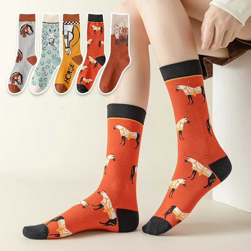 1 Pair Cotton Fashion Harajuku Vintage Women Funny Socks Cartoon Orange Horse Lovely Cats Lion Streetware Cute Girls Sox Autumn