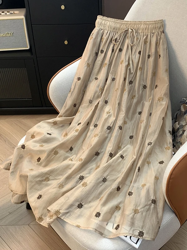 

Простая двухслойная юбка трапециевидной формы с вышивкой, большие размеры, свободная утягивающая повседневная женская юбка с эластичной резинкой на талии