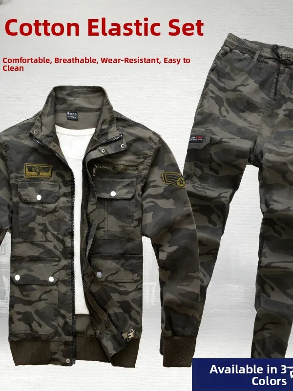 

Elastic Camouflage Workwear Set Pure Cotton Men's Women's Spring Labor Construction Site W Long Sve Zipper Work orm