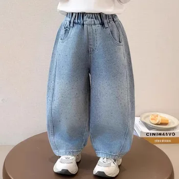 2026 Spring Autumn Kids Girl Jeans  Trendy Loose Casual Kids Denim Pants with Embellishments Children Girls Shiny Trousers 3