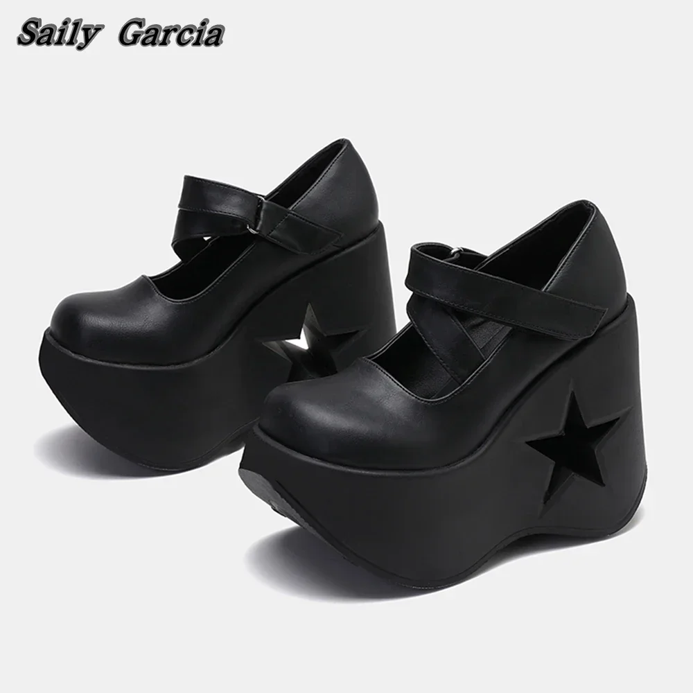 

Mary Jane Hollow Star Belt Buckle Strap Chunky Heel Shoes Summer New INS Punk Style Y2K Cool Girl Shoes Round Toe Platform Shoes
