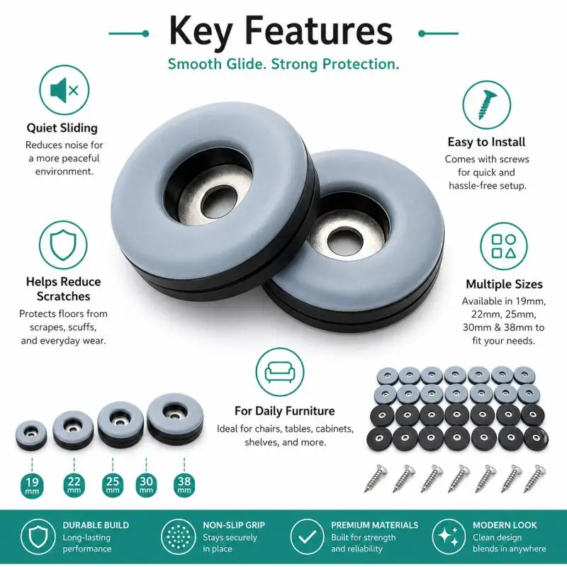 4/8/12/16/20 Stück 19~38MM Möbelbein-Gleitpads-Set Tischfußschutz Anti-Kratz-Bodenmatten für schweres Möbeltransportieren – Detail 1