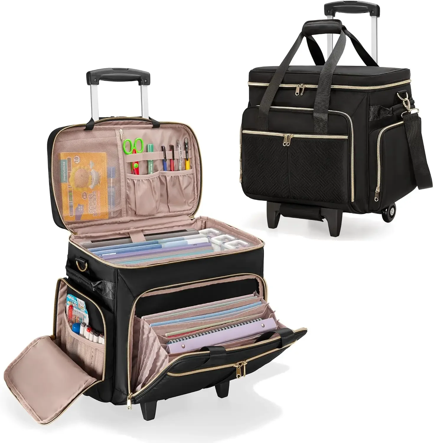 Rolling Teacher Bag with Wheels, Teacher Tote Bag with Detachable Trolley, Wheeled Bag Fits for 15.6” Laptop