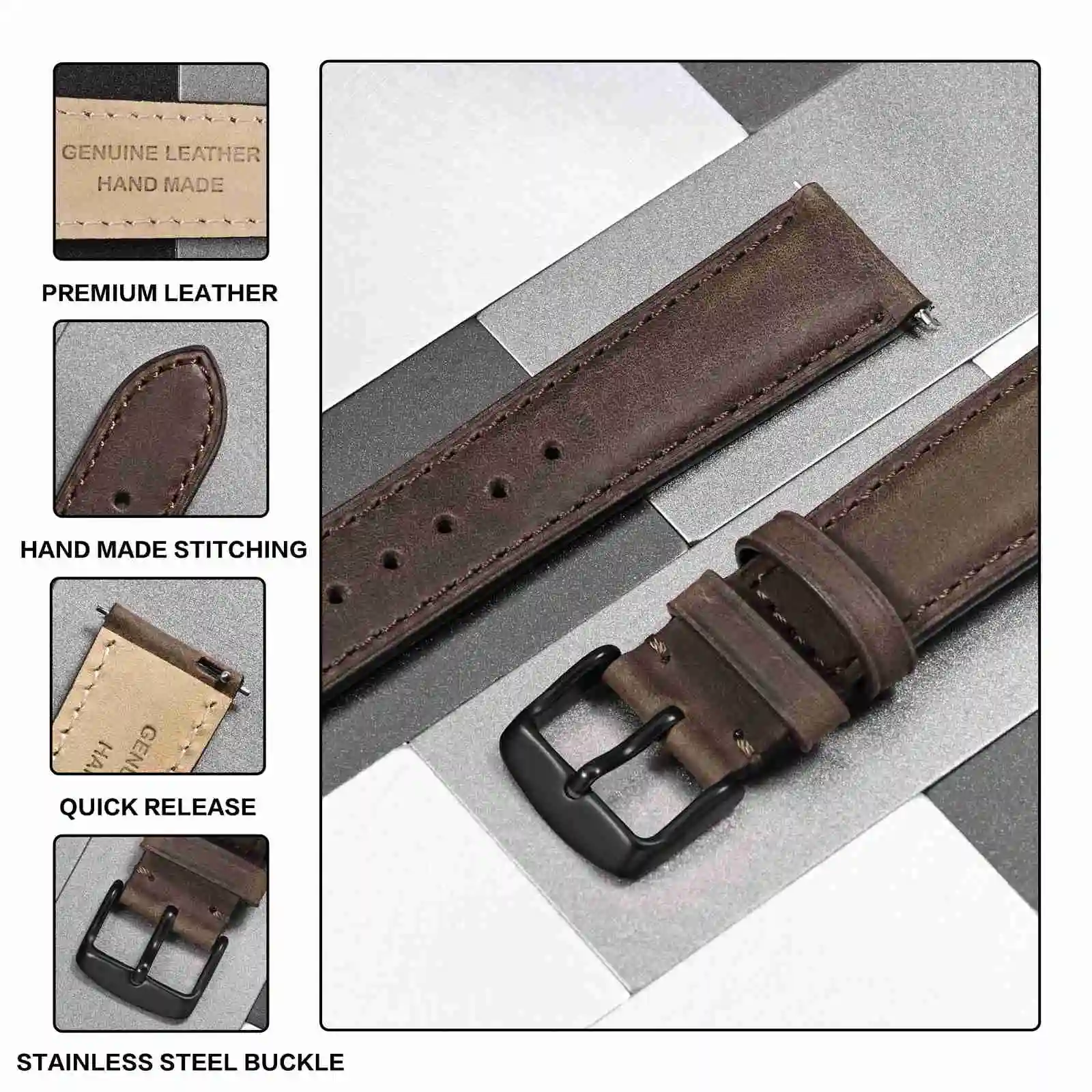 ANBEER Crazy House Leather Watch Strap 18mm 20mm 22mm Watch Band for Men Women Vintage Classic Wristband Quick Replease
